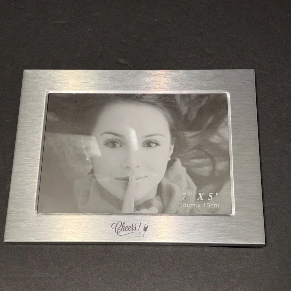 Brushed Silver Metal 5x7 Picture Frame Cheers Engraved Wine Glass Tabletop